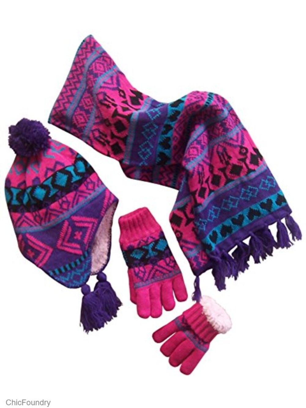 Kids 3-Piece Winter Knit Set Sherpa Lined Hat Glove Scarf